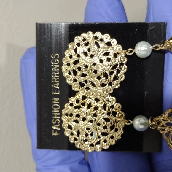 Women's Stylish Gold-tone Filigree Design 3" Long Beaded Drop Dangle Earrings #5 - Picture 5 of 5